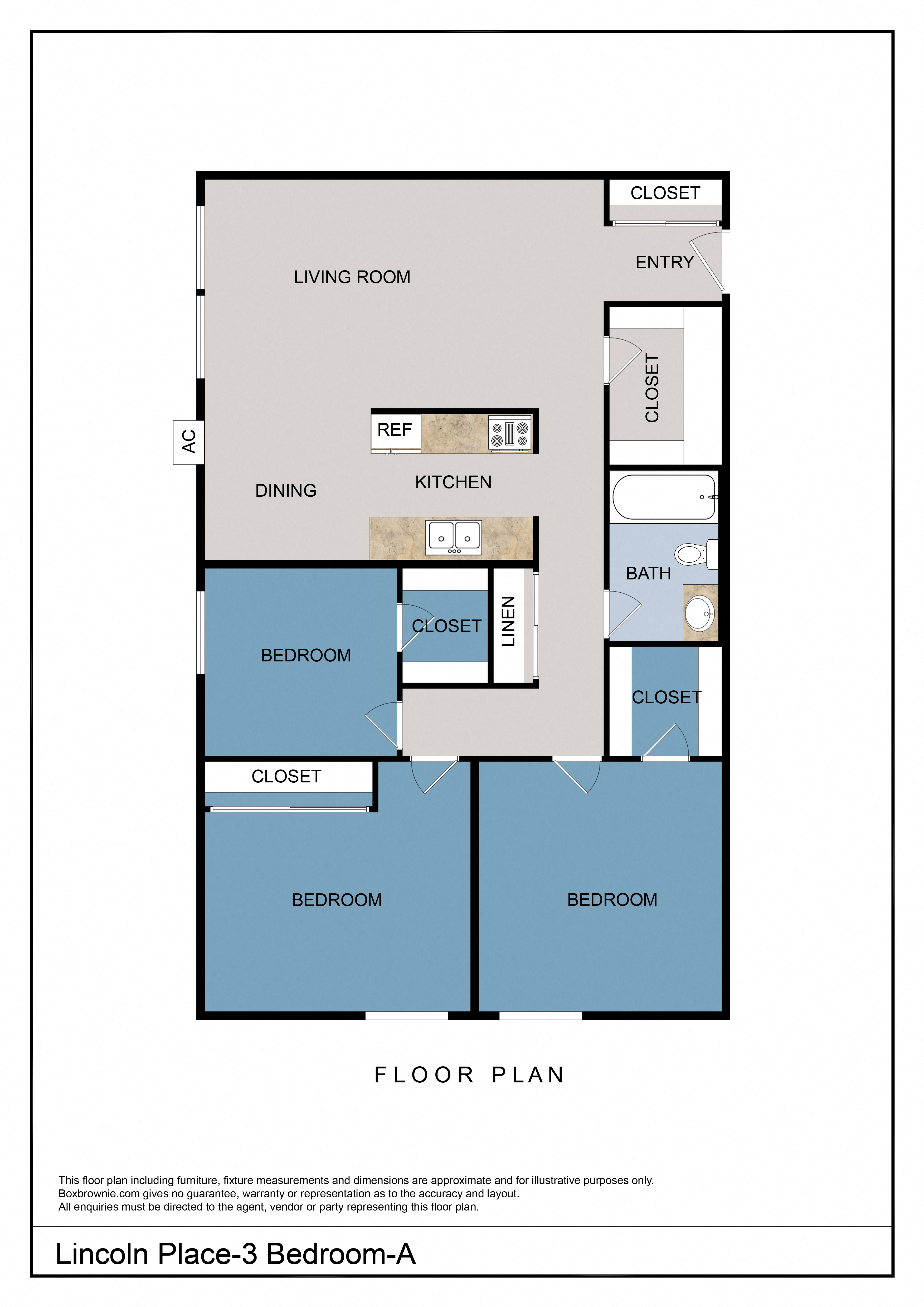 Floor plan for 3 beds, 1 bath, 992 sqft